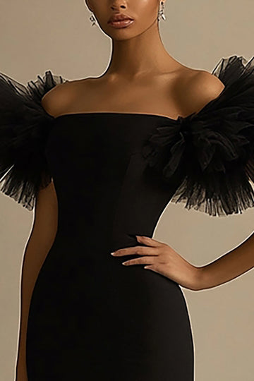 Black Off The Shoulder Satin Mermaid Ruffled Long Formal Dress